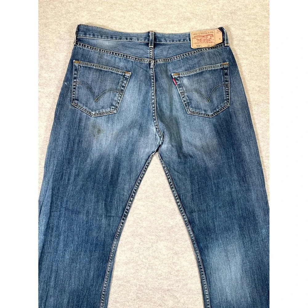 Levis 501 Original Fit‎ Jeans Mens 36x34 Blue Whisker Denim Cotton Logo Mid Rise